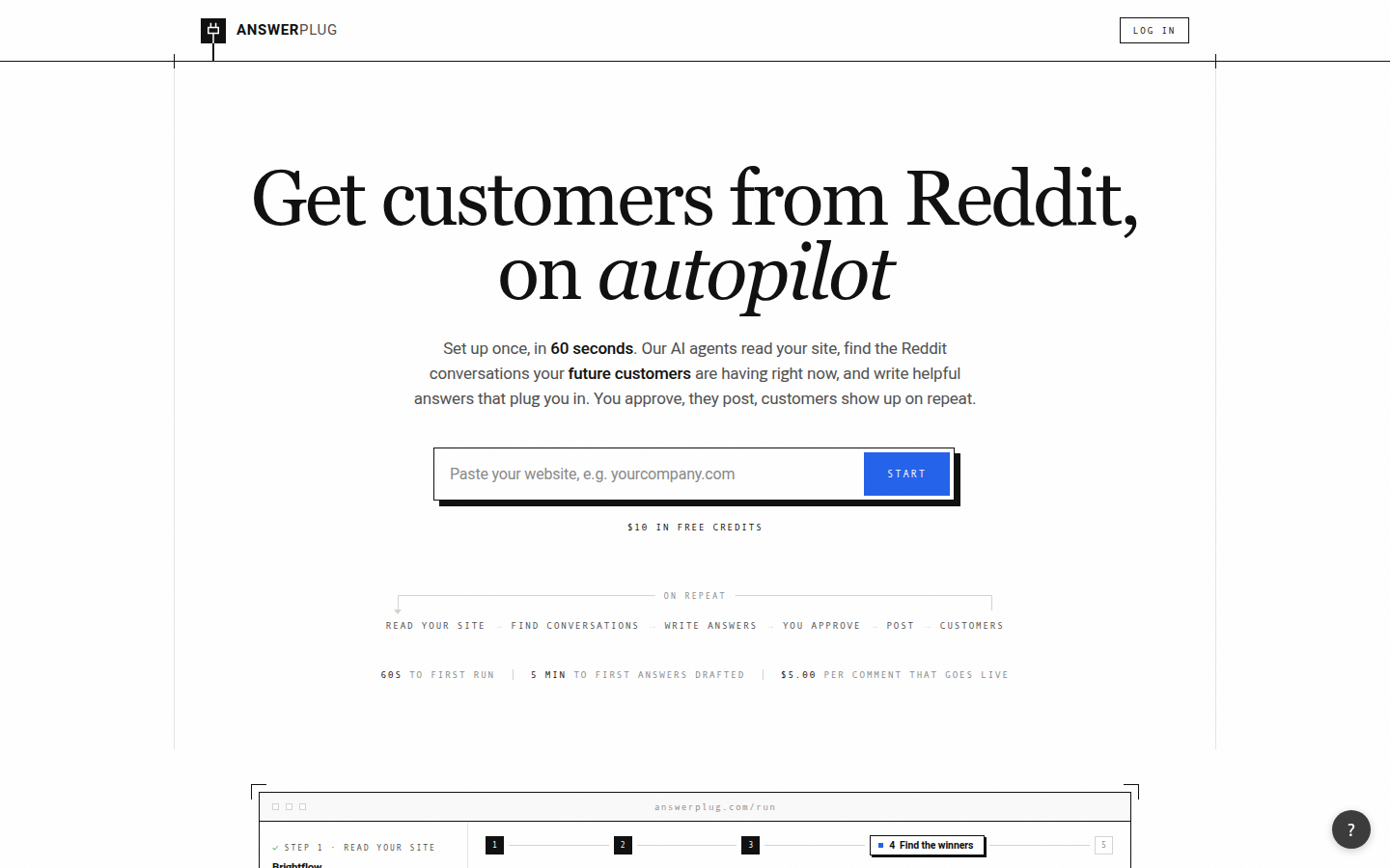 AnswerPlug homepage — "Get customers from Reddit, on autopilot"