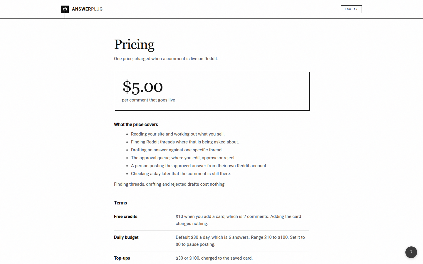 AnswerPlug pricing page — "Pricing: one price, charged when a comment is live on Reddit — $5.00 per comment that goes live"