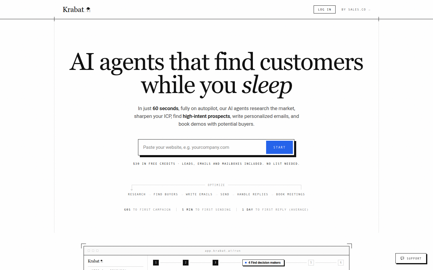 Krabat homepage, headed "AI agents that find customers while you sleep"