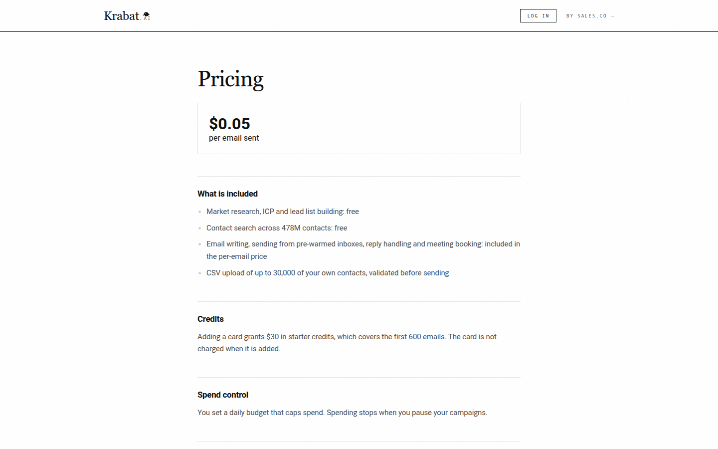 Krabat pricing page showing $0.05 per email sent