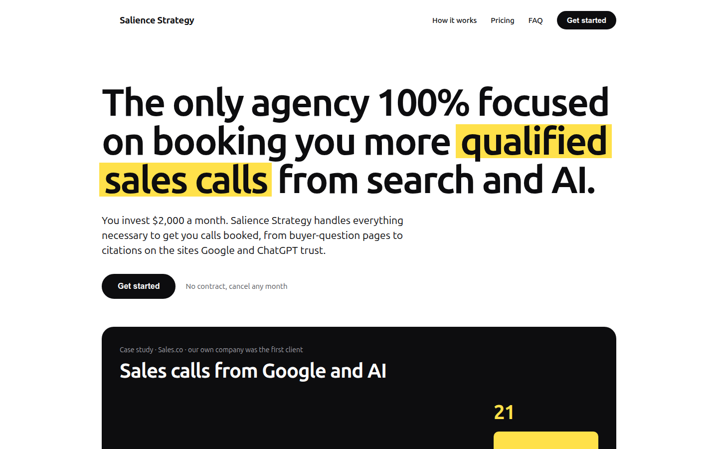 Salience Strategy homepage, headed The only agency 100% focused on booking you more qualified sales calls from search and AI