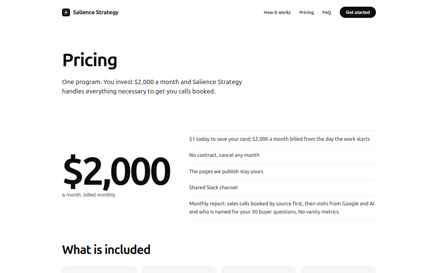 Salience Strategy Pricing page showing $2,000 a month, billed monthly