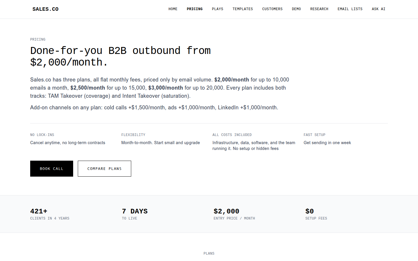 Sales.co pricing page — "Done-for-you B2B outbound from $2,000/month."