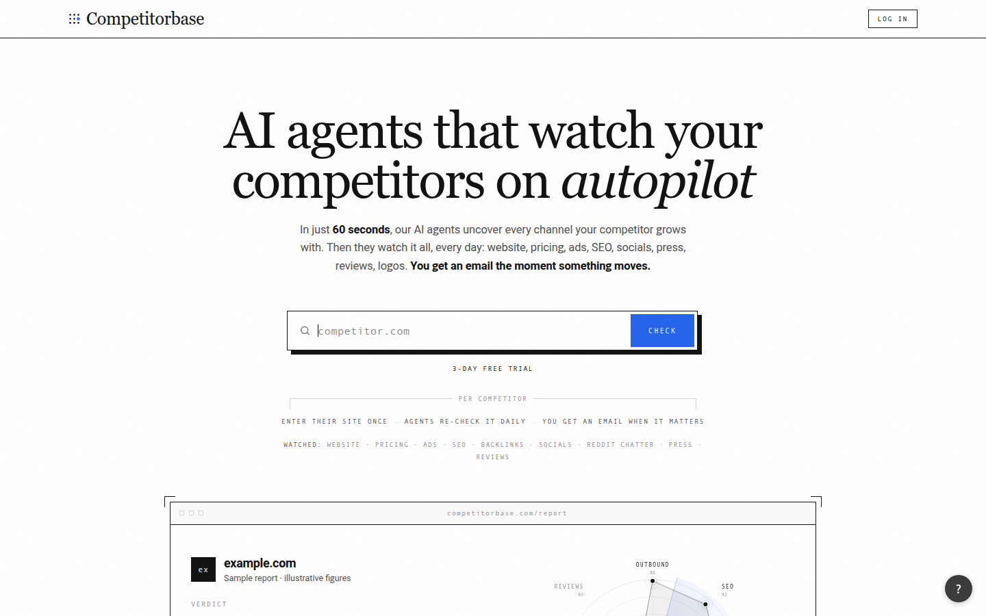 CompetitorBase homepage: AI agents that watch your competitors on autopilot