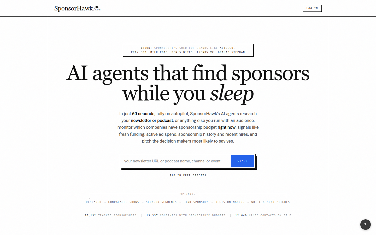 SponsorHawk homepage headline: AI agents that find sponsors while you sleep