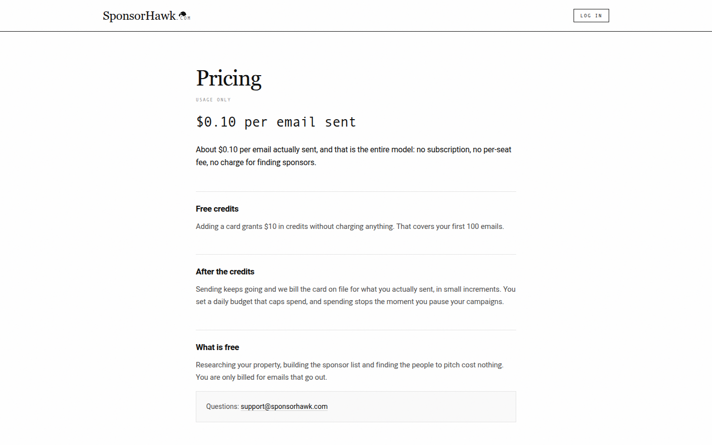 SponsorHawk pricing, usage only at $0.10 per email sent