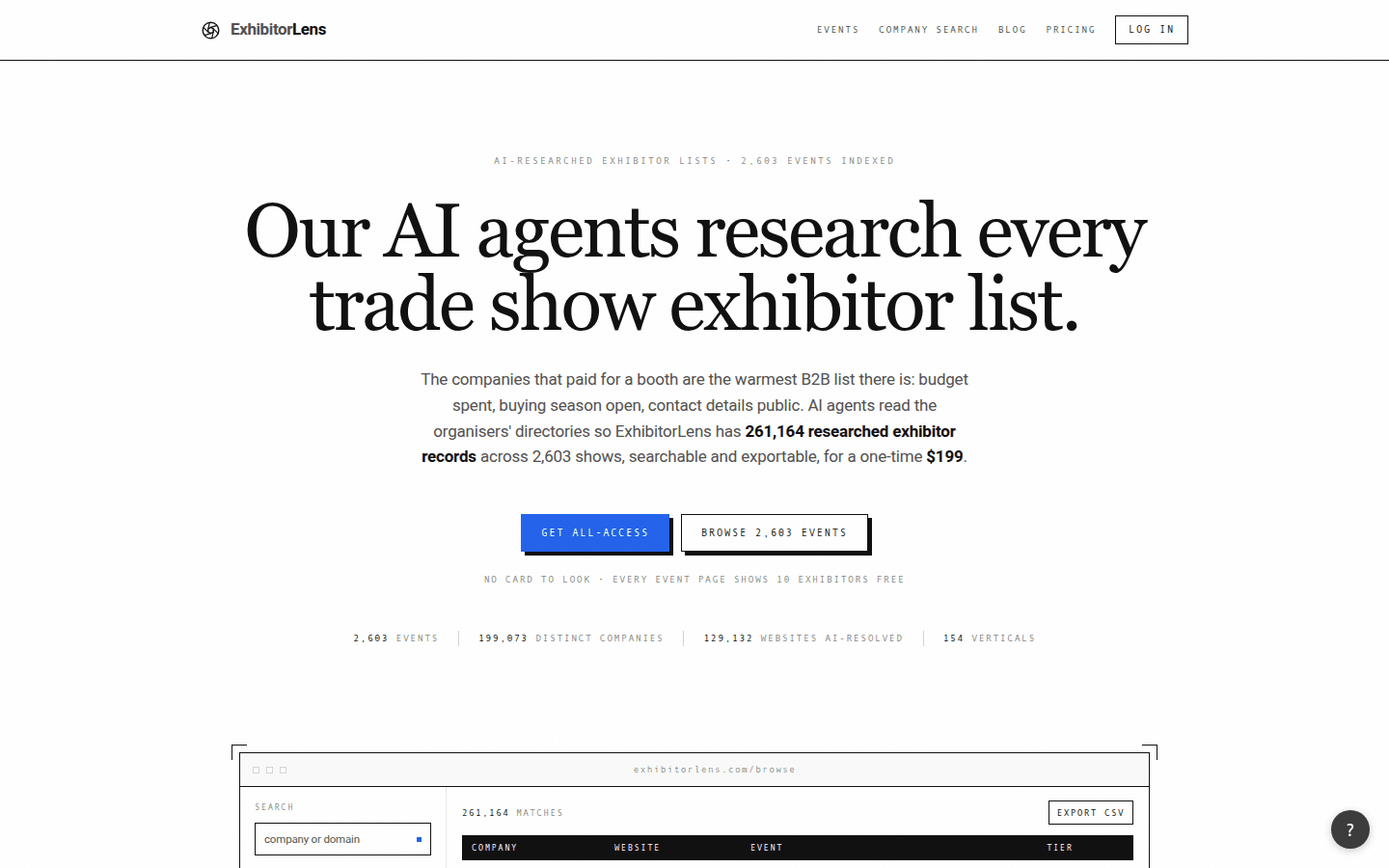 ExhibitorLens homepage — "Our AI agents research every trade show exhibitor list."