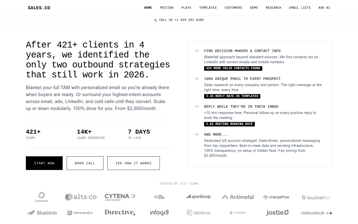 Sales.co homepage — GTM engineering, done for you: email, cold calls, ads and LinkedIn on one account list, $5,500/month