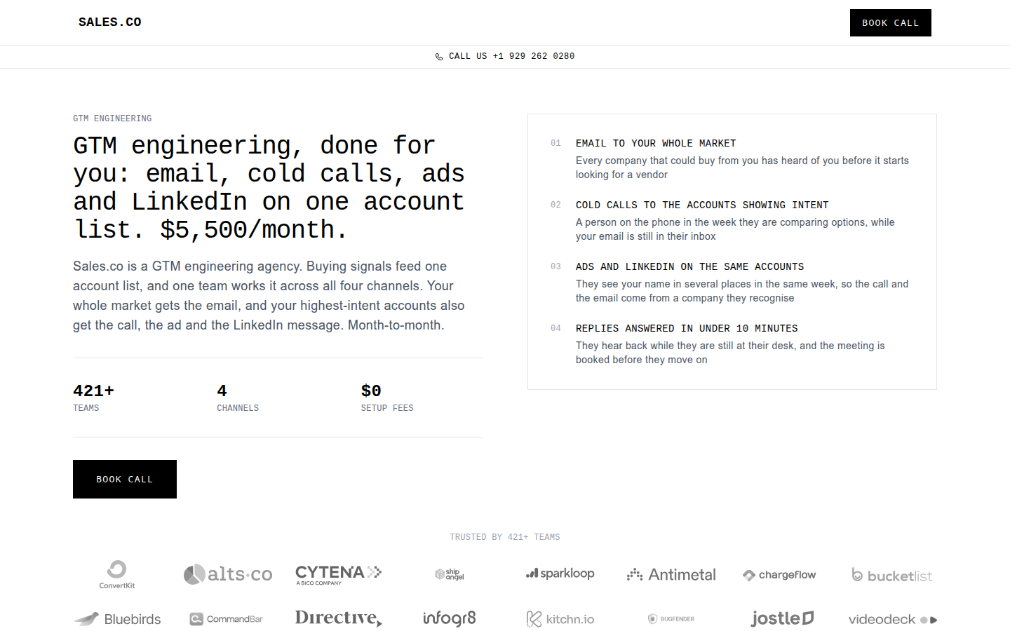 Sales.co GTM engineering page — signals, one account list, four channels, replies answered in under 10 minutes