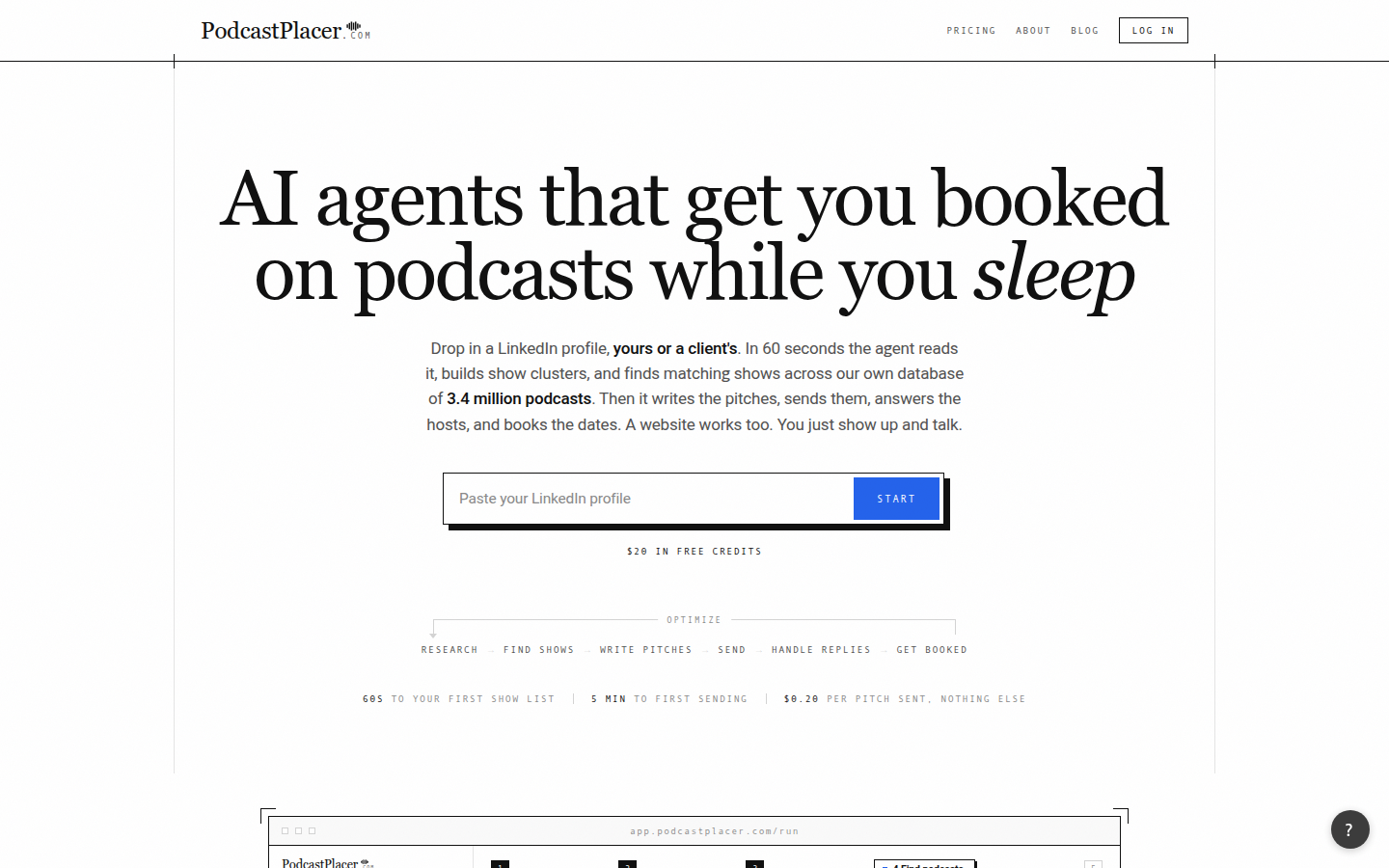 PodcastPlacer home page headline: AI agents that get you booked on podcasts