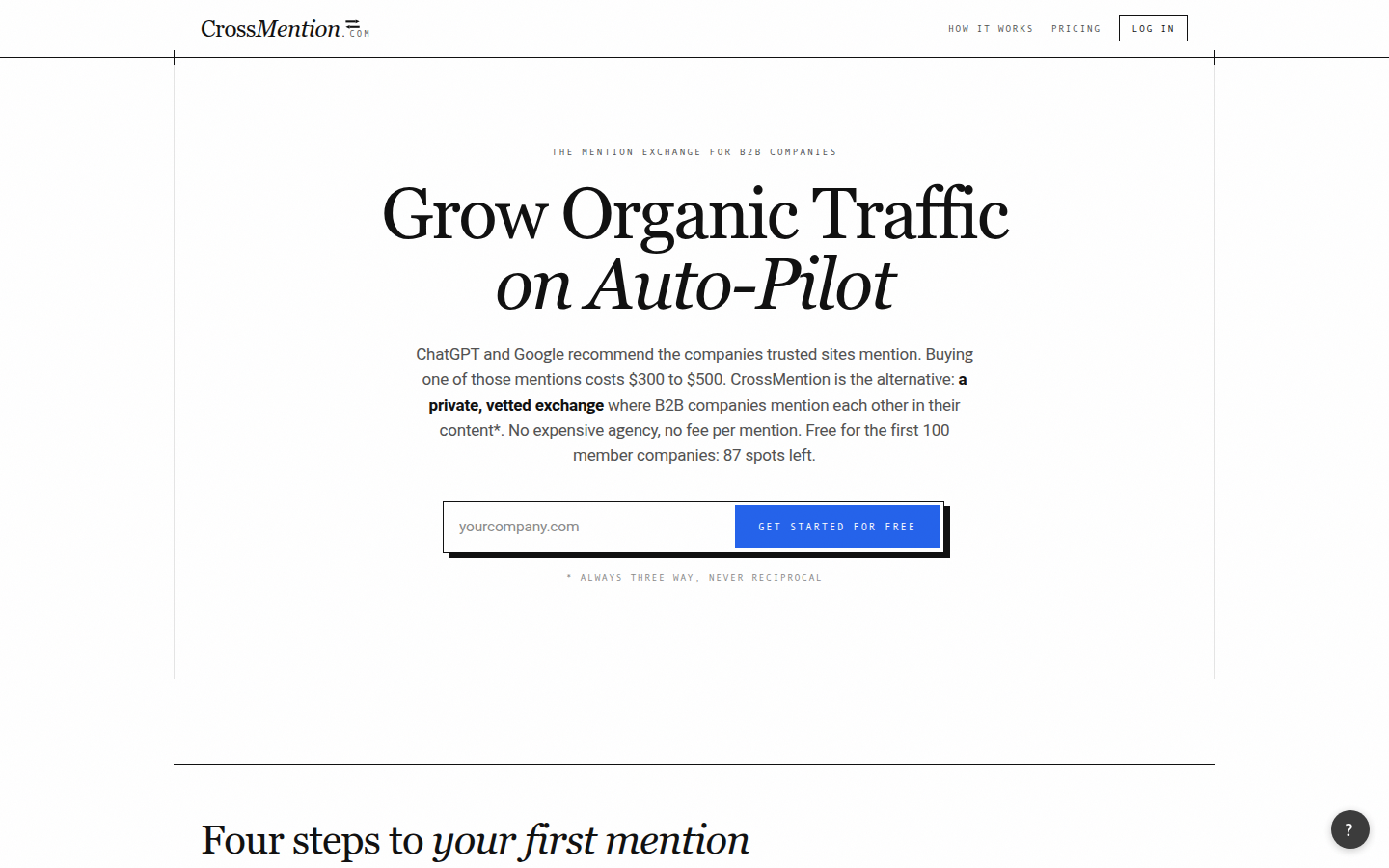CrossMention start page with the heading Grow Organic Traffic on Auto-Pilot