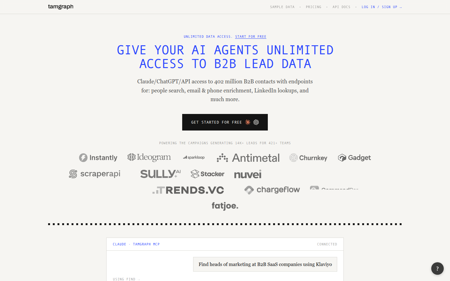 TAM Graph homepage — "Give your AI agents unlimited access to B2B lead data"