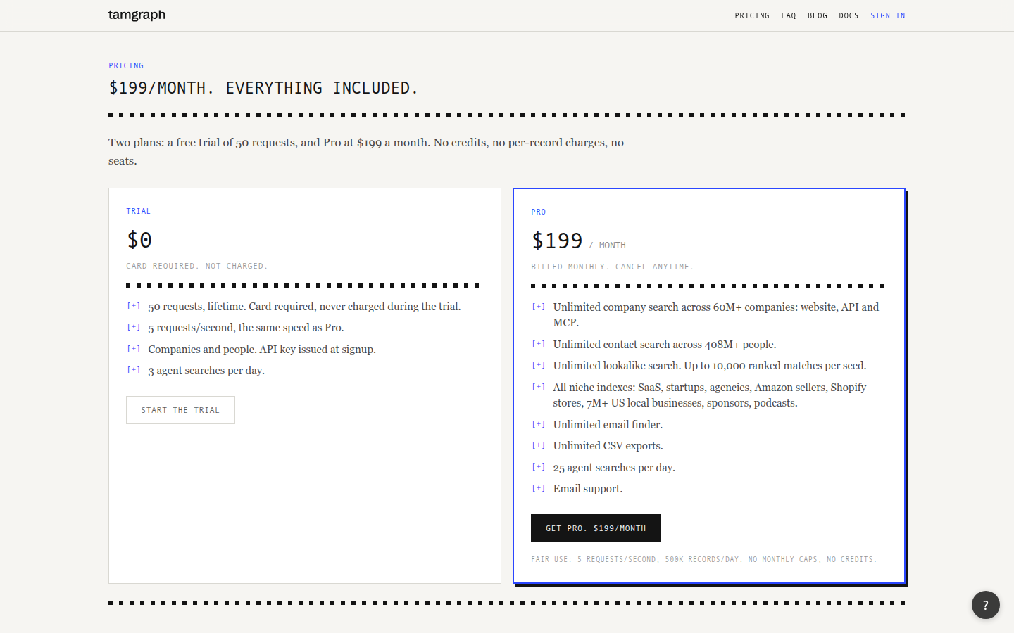 TAM Graph pricing page — "$199/month. Everything included."